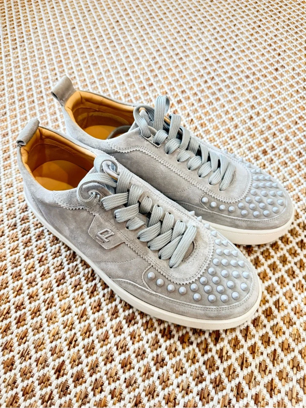 Christian Louboutin Light Gray Suede Studded Low-Top Sneakers